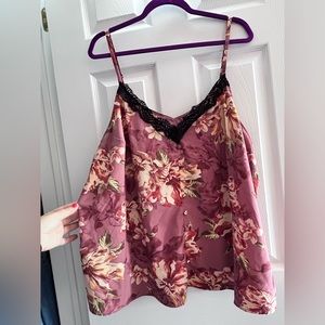 Torrid, brown and tan floral, black lace trim, cami with adjustable straps